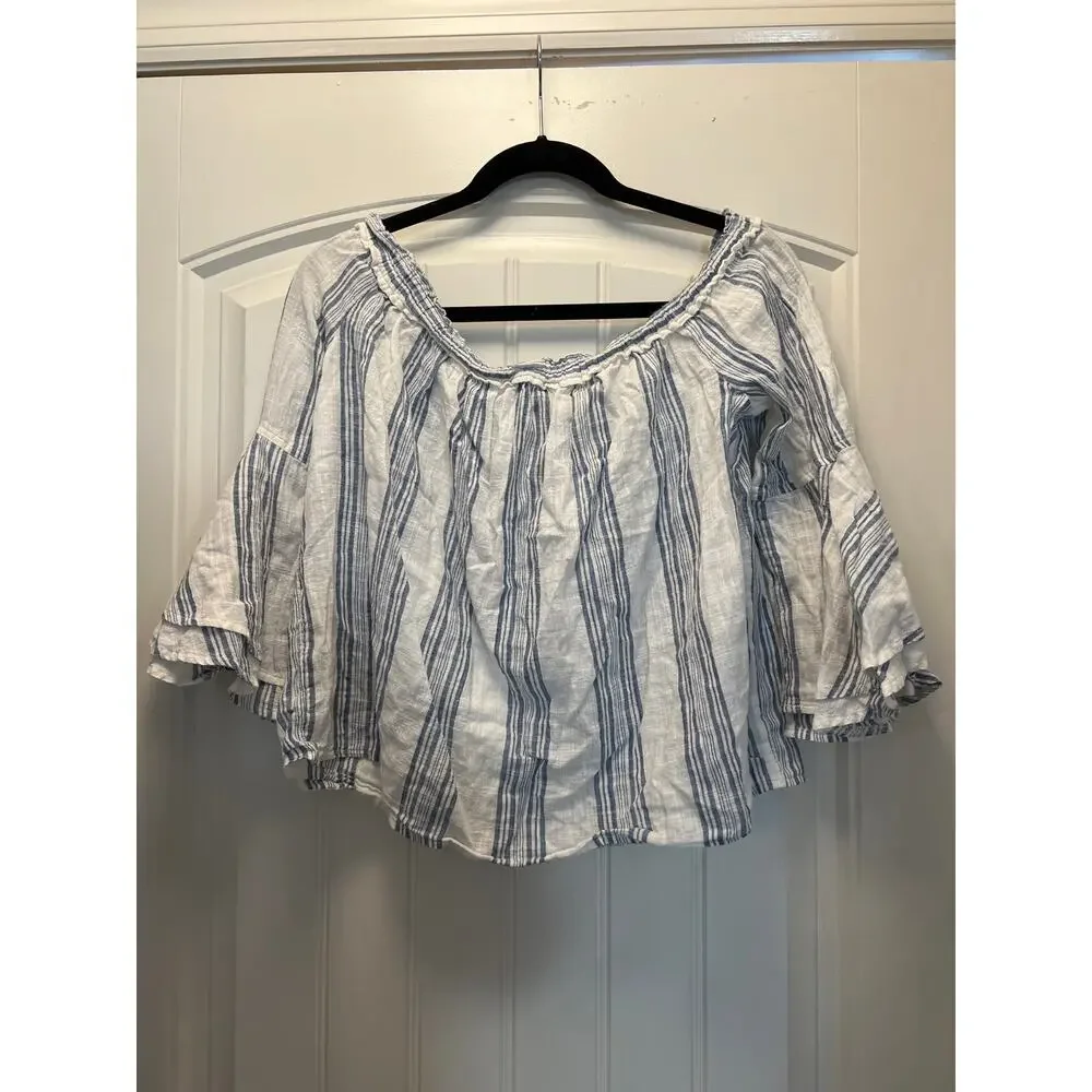Lucky Brand Women’s Off The Shoulder‎ Striped Top Size L White Blue Bell Sleeve